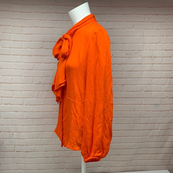 Ramy Brook Pure Silk Bow Tie Button Down Long Sleeve Blouse Shirt Orange Large - Picture 6 of 8